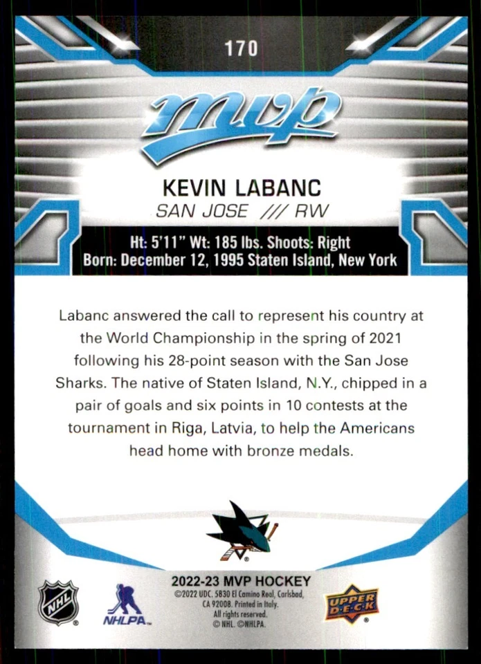 2022-23 Upper Deck MVP Kevin Labanc San Jose Sharks #170 - Image 2 of 2