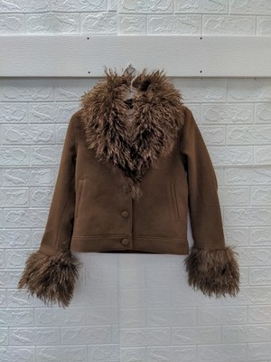 New Monki Faux Fur Suede Jacket In Brown Sz XS