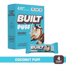 BUILT Puff Protein Bar, Coconut, 17g Protein, Collagen, 140 Calories, 4 Ct Box