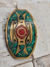 Vintage InlaidBrass Belt Buckle Malachite Coral Chip Inlay Tribal Design BTS USA