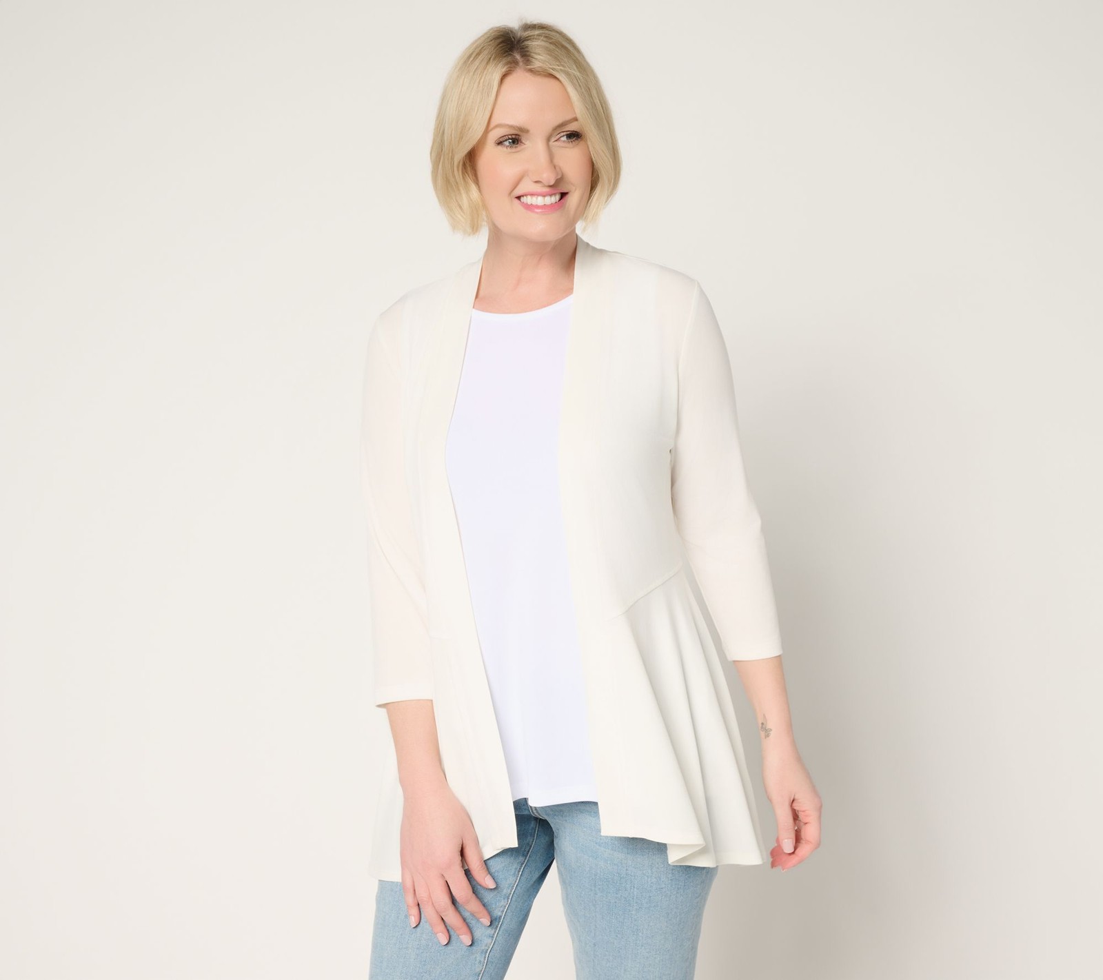 Susan Graver Women's Top Sweater Sz L Liquid Knit Sleeve Cardigan White A255341