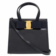 Bolso para mujer Salvatore Ferragamo 2 vías Vara cinta cuero negro/azul marino #LTB1434
