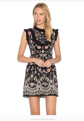 Needle & Thread Whisper Mini Dress in black with floral embroidery Size 8