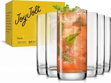 JoyJolt Faye 13oz Highball Glasses, 6pc Tall Glass Sets. Lead-Free Crystal Drink