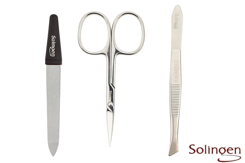 3-tlg Solingen Maniküre Set Leder Etui, Nagelschere, Feile, Pinzette, Germany - Bild 3 von 4