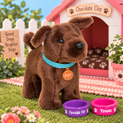 American Girl Doll Pet Chocolate Chip Brown Lab Dog 2014 Poseable Bowls Collar