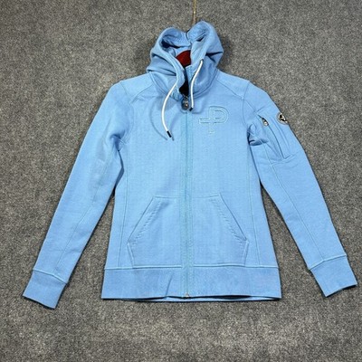 Pelle P Hoodie Womens XS Blue Knit Full Zip Pockets Hood Tie World Champ Logo