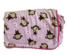 Carters Pink Sherpa Monkey Baby Blanket Flowers Smiling Hard to Find
