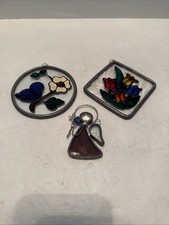Lot Of 3 Stained Glass Suncatchers Bluebird Flowers Angel Enamel Painted