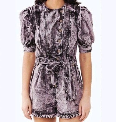 Ulla Johnson Purple Carmine Acid Denim Romper In Lilac Puff Sleeve  Size 0 