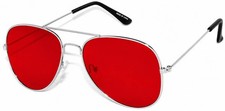 RED TINTED LENSES AVIATOR STYLE MEN WOMEN SUNGLASSES SILVER METAL SHADES UVB UVA