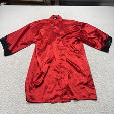 Frederick's of Hollywood Robe Womens Medium Red Satin Black Lace Kimono Lingerie