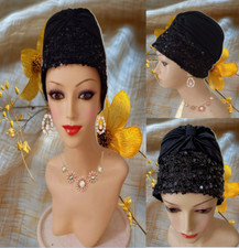 Pretty Black Turban with Band Chemo Cancer Hat Hair Loss Sequence sewn on top