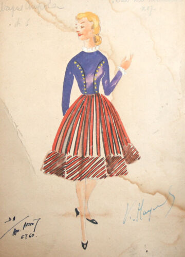 1960 theatre costume design gouache painting signed - Picture 1 of 9