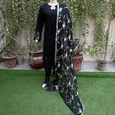 black chiffon dresses pakistani 3Pcs Fancy Dress with embroidery & Squins work,L Maelia | Black Satin long black chiffon dress Size:ONE SIZE FITS ALL Best Sellers Swim Apr 24