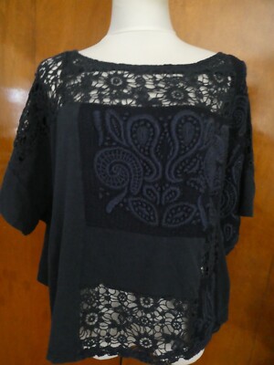 Anthropologie Akemi + Kin Navy Blue Lace Boxy Lined Blouse Crochet Oversize XS