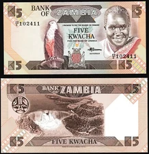 Zambia 5 kwacha 1980-1988 Fish Eagle Bird President Kaunda P25d Prefix 40/C UNC