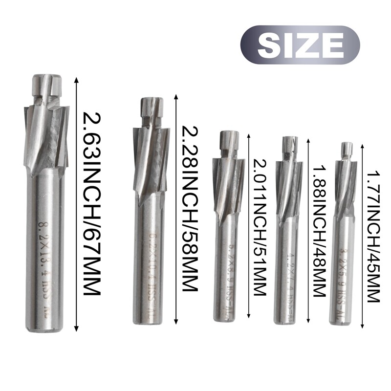 5Pcs HSS Counterbore End Mill M3M8 Pilot Slotting Tool Milling Cutter