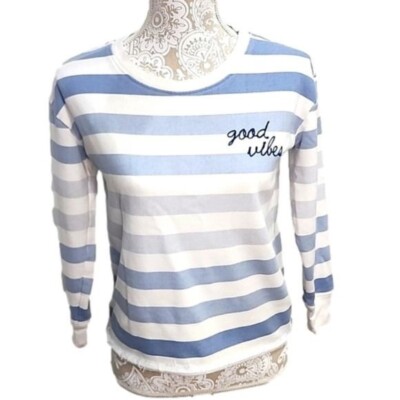 Doe White and Blue Striped Lightweight Sweatshirt w/''Good Vibes'' Embroidery. XS