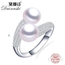 Double Pearl Adjustable Natural Freshwater Pearl 925 Sterling Silver Zircon Ring