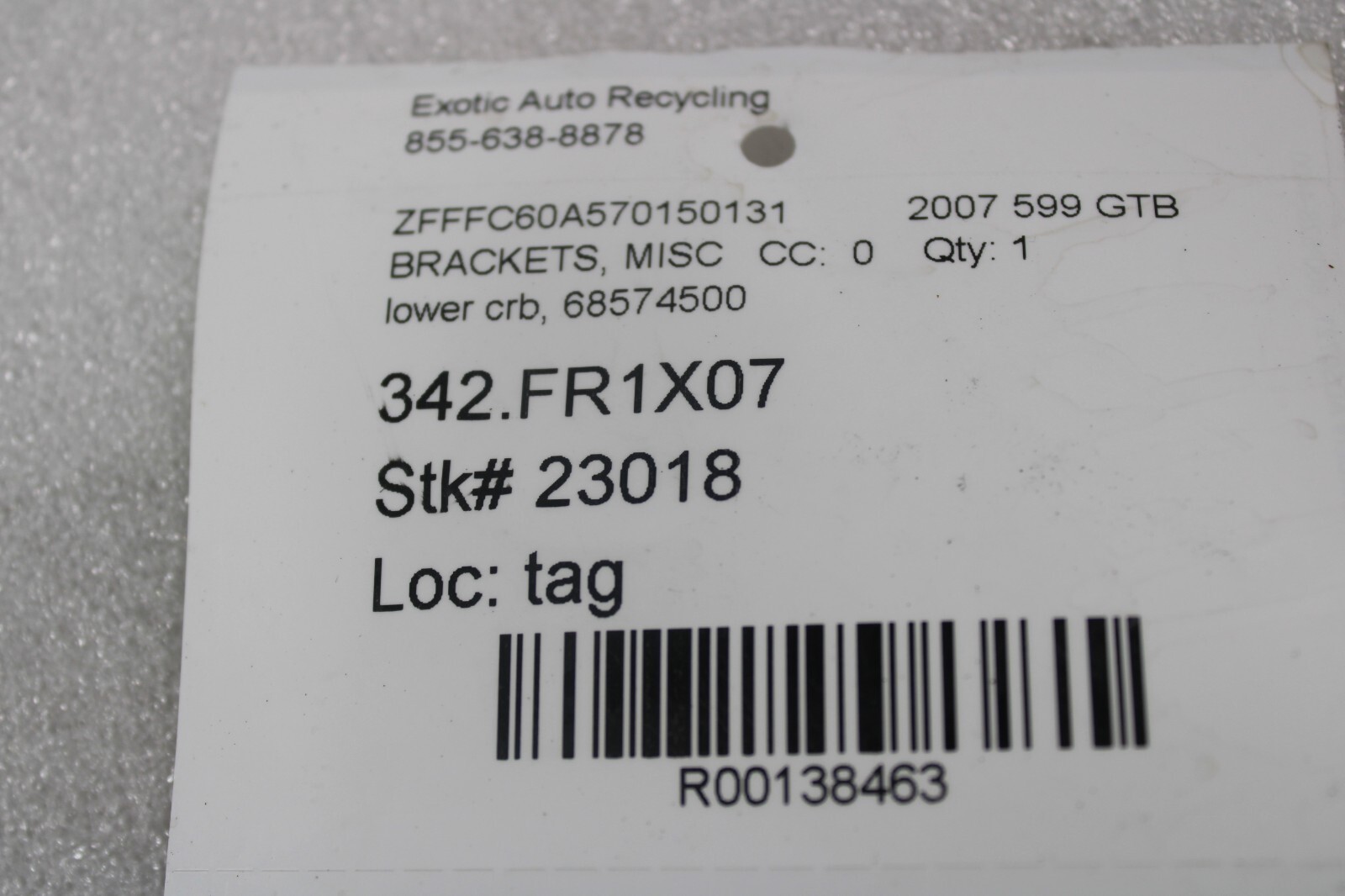 Ferrari 599 GTB, Coolant Bottle Bracket, Used, P/N 68574500
