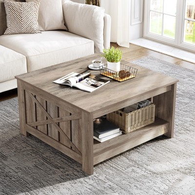 Farmhouse Square Coffee Table with Open Storage Compartment Wood Cocktail Table