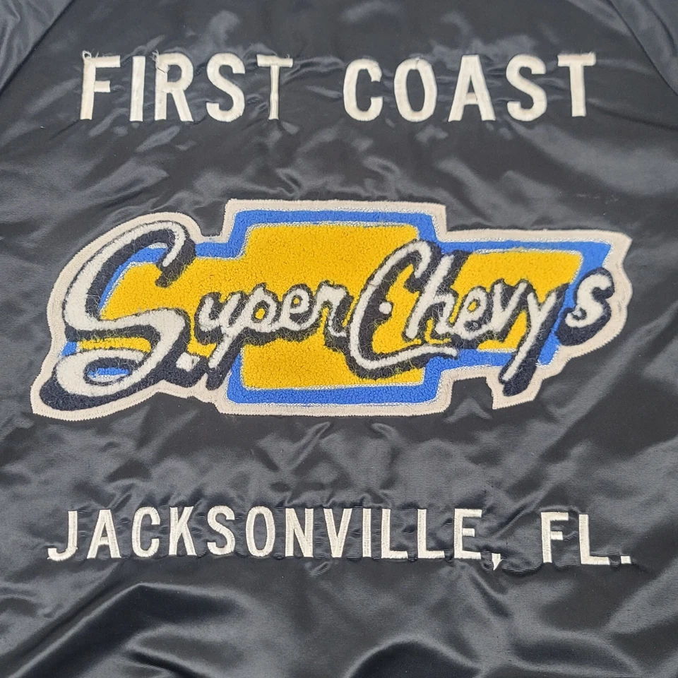 Chaqueta Chevrolet vintage para hombre grande negra años 80 satinado bombardero forro acolchado Foto 2 de 4