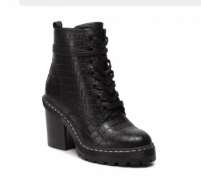 Bullboxer Damenstiefel schwarz Kroko-Muster Schnürstiefel mit seitlichem Reißverschluss Größe EU 38 REF SH1