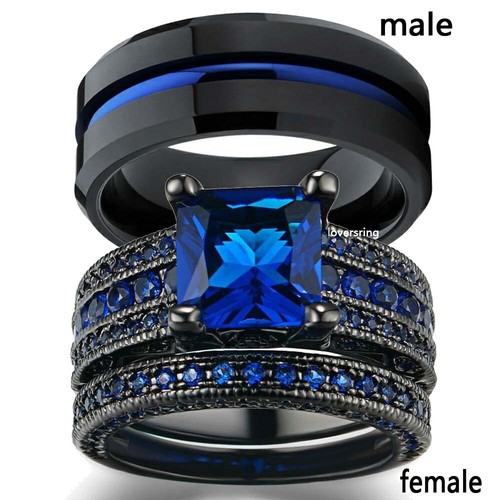 Juegos de anillos de boda de acero al titanio azul Cz para mujer | eBay