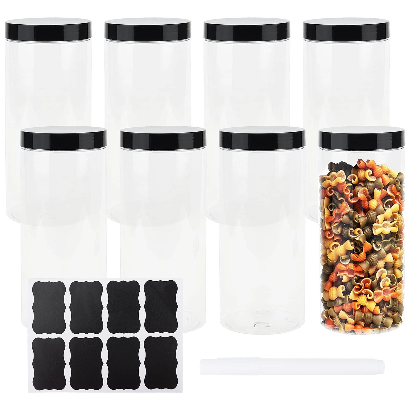 8 Pack Plastic Storage Jars with Lids Labels & Marker Food Pantry Organiser NEW