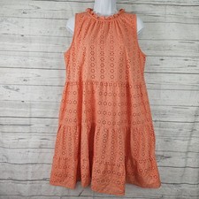 Ann Taylor LOFT Womens Eyelet Dress Sz Medium Orange Sleeveless Cotton Pockets