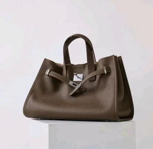 Taupe Grained Genuine Leather Padlock Tote Bag Belted Slouchy Large Work Satchel