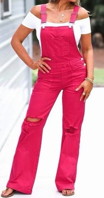 NWT Risen Distressed Wide Leg Fuchsia Overalls Large 