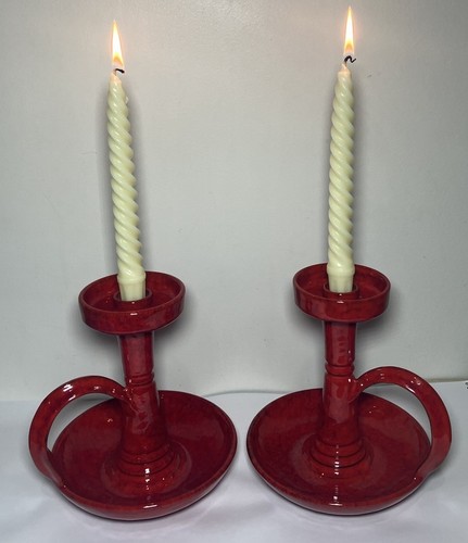 Aldo Londi Bitossi, (2 Pcs) Mid Century Chamber Candlestick Rimini Red 8” Signed - Picture 2 of 17