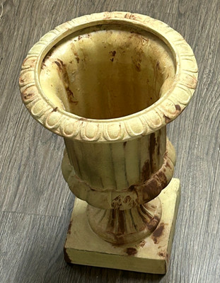 Vintage FLUTED METAL GRECIAN GARDEN URN Salvage Planter Pot Rusted Patina 12''