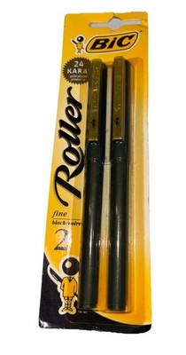 Bic Fine Metal Point Roller Pens 2 Vintage Rare 24 Karate Gold Plated Clip