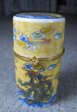Chinese Asian Porcelain 3" High Hinged Trinket Box Dragons in the Clouds & Sky
