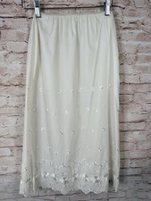 Vintage White Embroidered Floral Half Slip Skirt Semi Sheer Lace Side Slit Sz S