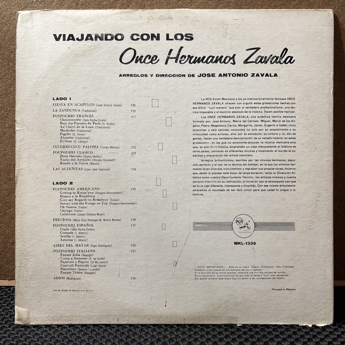 VIAJANDO CON LOS ONCE HERMANOS ZAVALA / RCA MEXICO PRESS LP : MKL