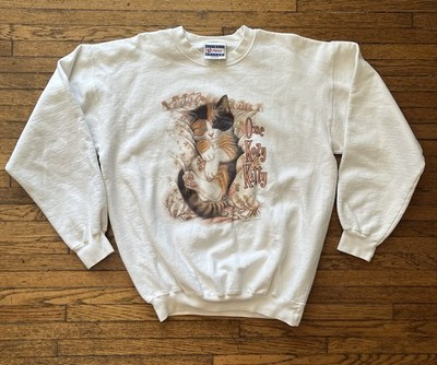 Vintage Hanes Cotton Vanessa Adams Cat Kitty Kitten White Sweater Sweatshirt M
