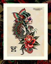 Yasuhara Tattoo Flash Print Gypsy Girl Snake "11x14"