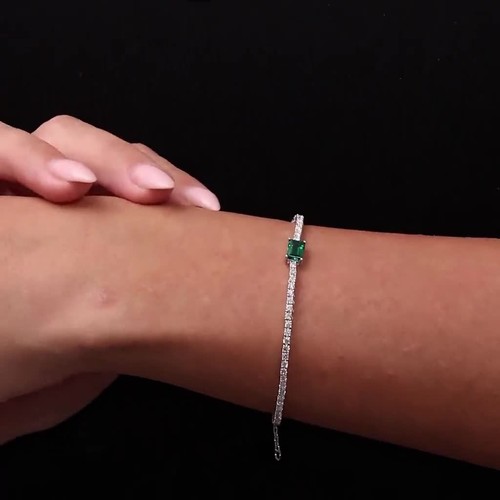 18K White Gold Plated Silver Bracelet With 3.20 TCW Lab Grown Emerald & Diamond - Video 1 of 1