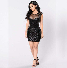 Fashion Nova Black Sequin Sheer Mesh Bodycon Mini Dress Round Neck Size Medium