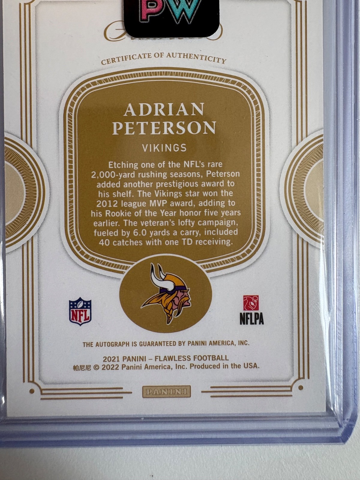 2012 NFL MVP Flawless Achievements Emerald AUTO #/5 Adrian Peterson MIN 2021 view 2