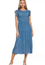 Zenana Midi Dress Woven Smocked Dusty Blue Ruffle Short Sleeve