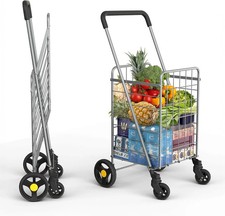 Foldable Collapsible Shopping Cart With 360 Swivel Wheels Silver Utility Trolley