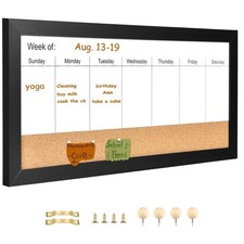 Magnetic Weekly Dry Erase White Board and Cork Board, Black Wood Frame  Magnet...