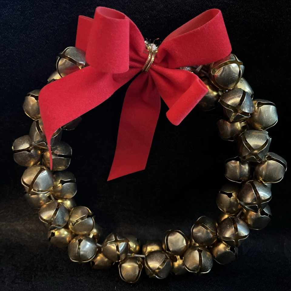 VTG. Jingle Bells Wreath 8” Gold Large Vintage Brass Sleigh Bells & Red Ribbon  - Image 2 of 4