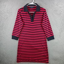 Tommy Hilfiger Womens Red Navy Blue Striped Polo V-Neck 3/4 Sleeve Dress Small