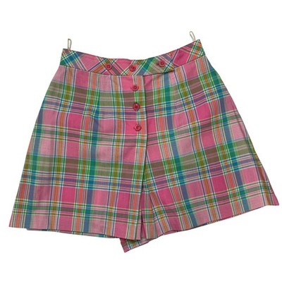 Vintage Womens Bobbie Brooks Plaid Shorts Size S Pink Green 70s High Waist Butto